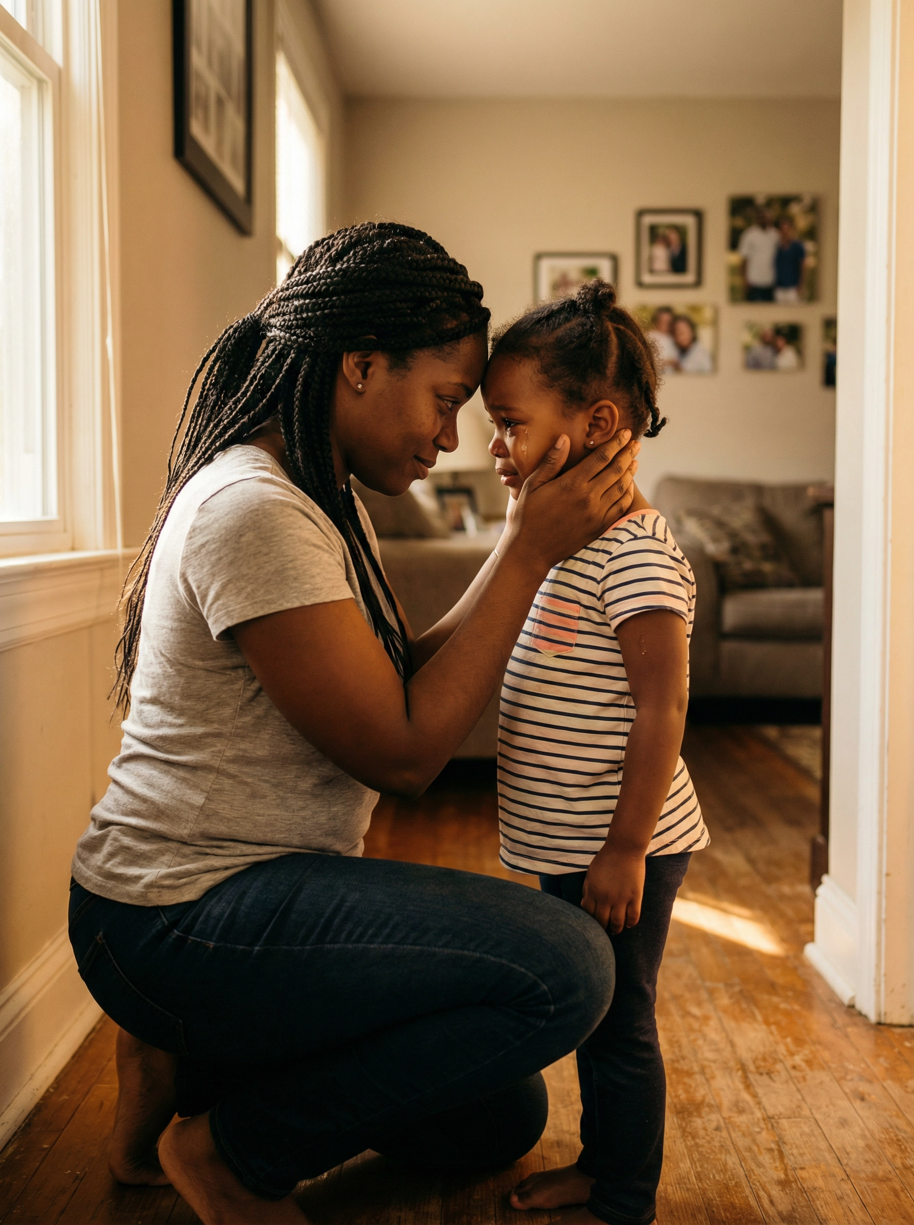 Parent and child sharing a warm, connected moment at home