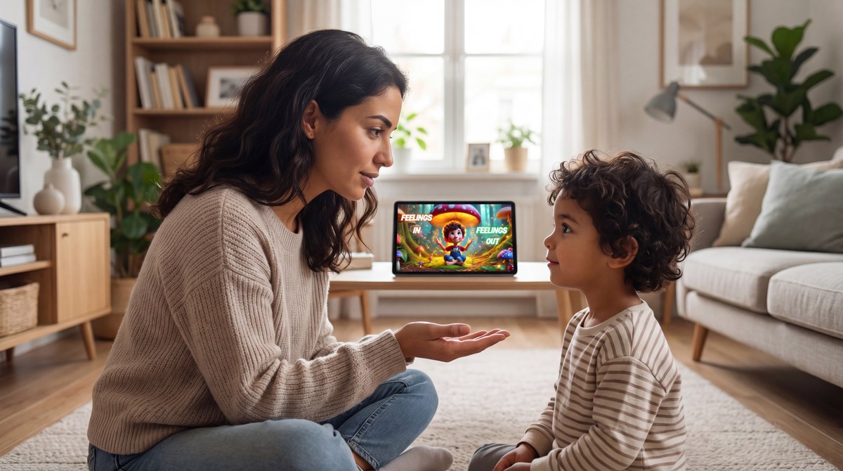 A mother and child sharing a calm moment together, with Feelings In Feelings Out playing on a tablet in the background